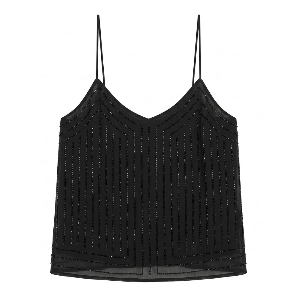 NWT 100% Silk Black Beaded Art Deco Spaghetti Strap Camisole Top |  Evening Top
